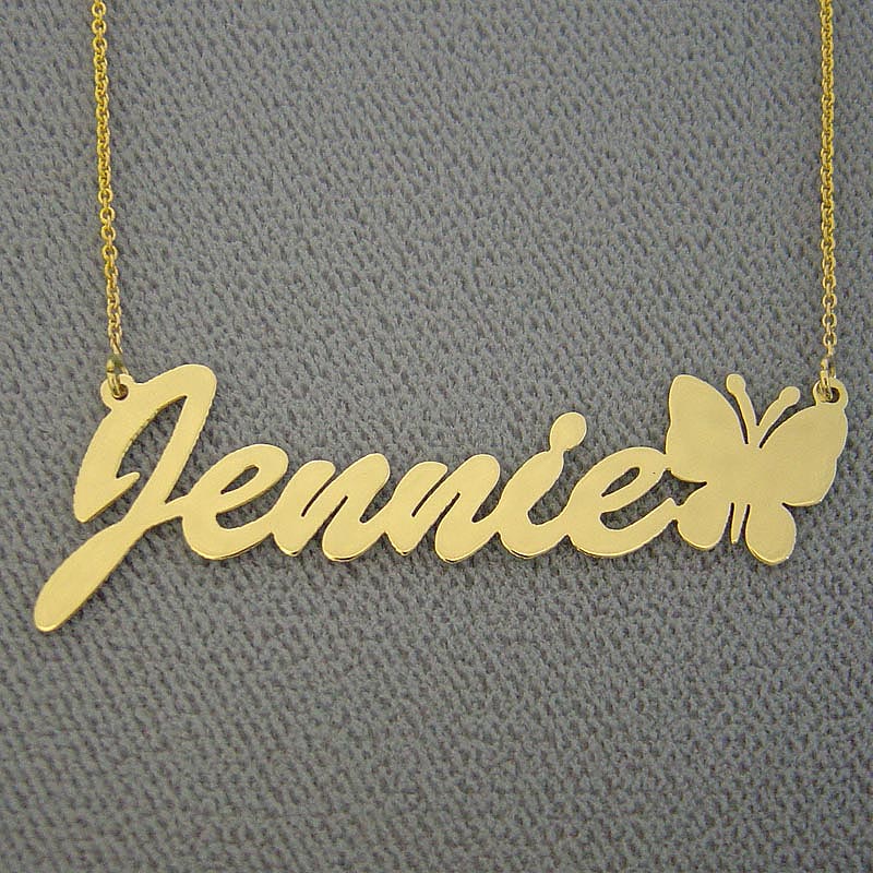 Personalized Jewelry Solid Gold 10k or 14k Name Necklace Pendant with Butterfly NN31