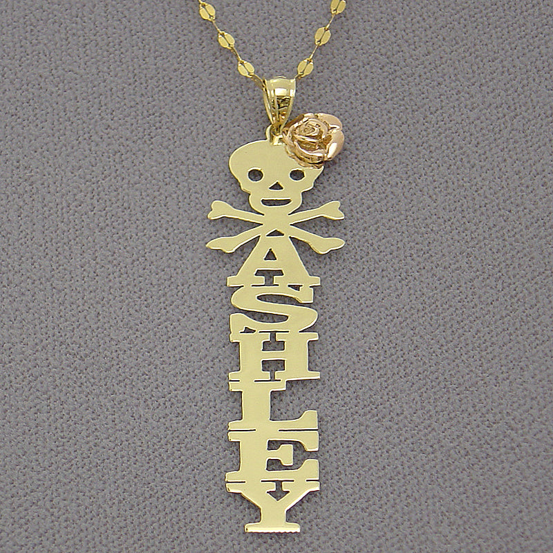Personalized 10k or 14k Gold Necklace Vertical Name Pendant Flower Skull Crossbones
