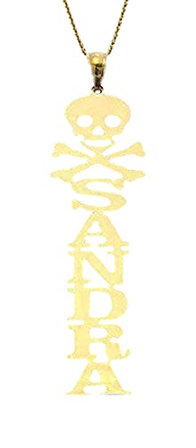 Personalized Real Solid 10k or 14k Gold Vertical Name Pendant with Skull Crossbones Fine Jewelry NN38