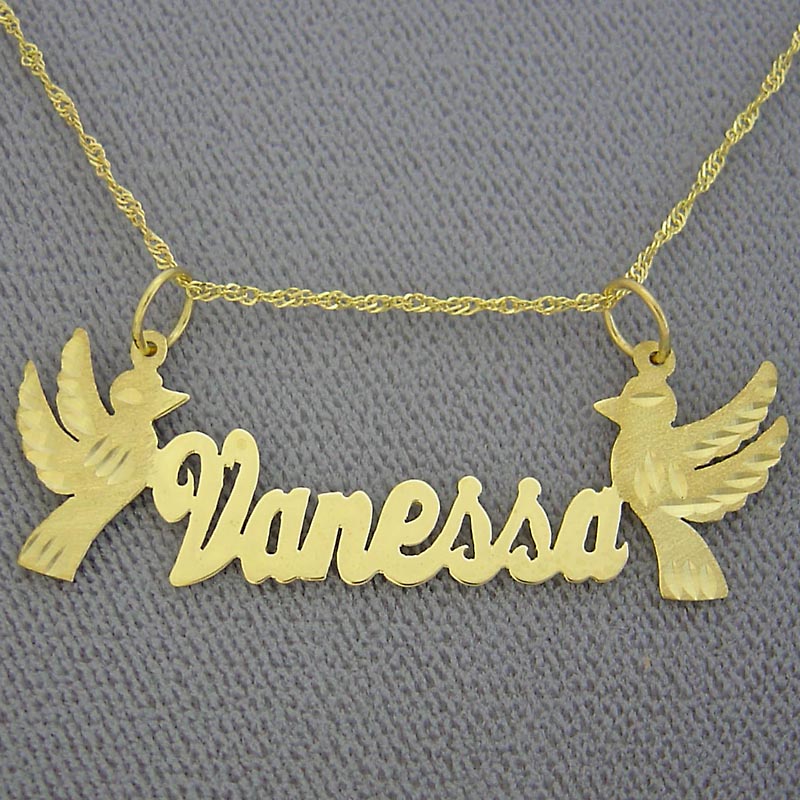 10k or 14k Gold Personalized Name necklace Diamond Cut 2 Birds Customized Fine Jewelry