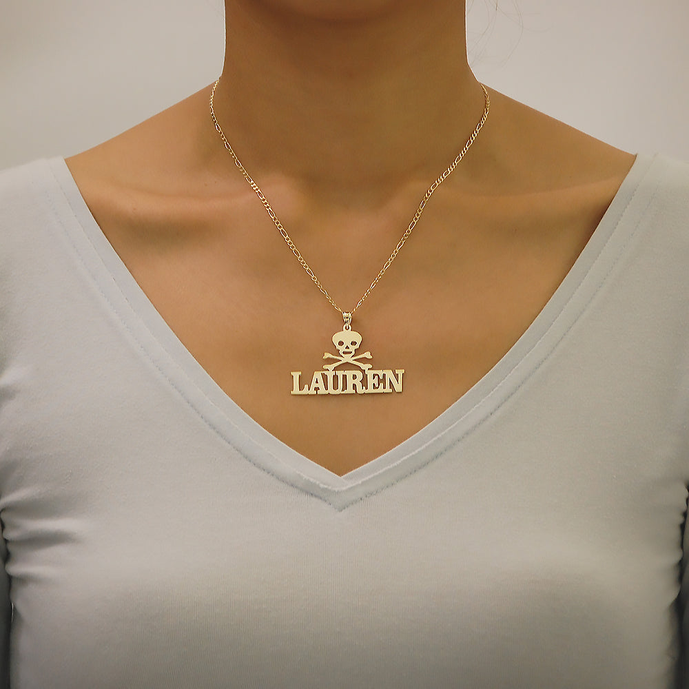 Real 10k or 14k Personalized Jewelry Gold Name Necklace Skull Crossbones Customized Nameplate NN58