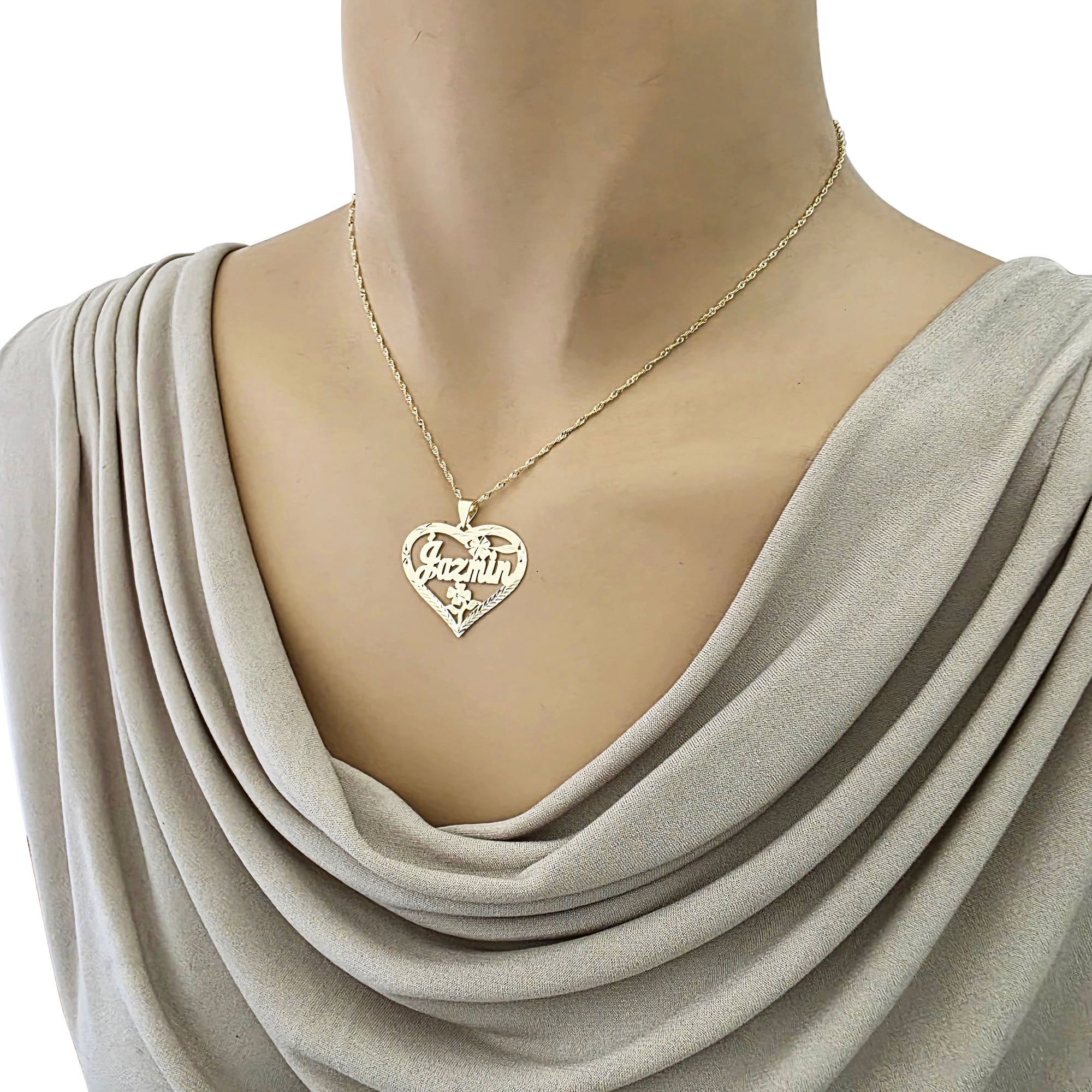 10k or 14k Solid Gold Personalized Name Heart Pendant Diamond Cut Flower Fine Jewelry Charm