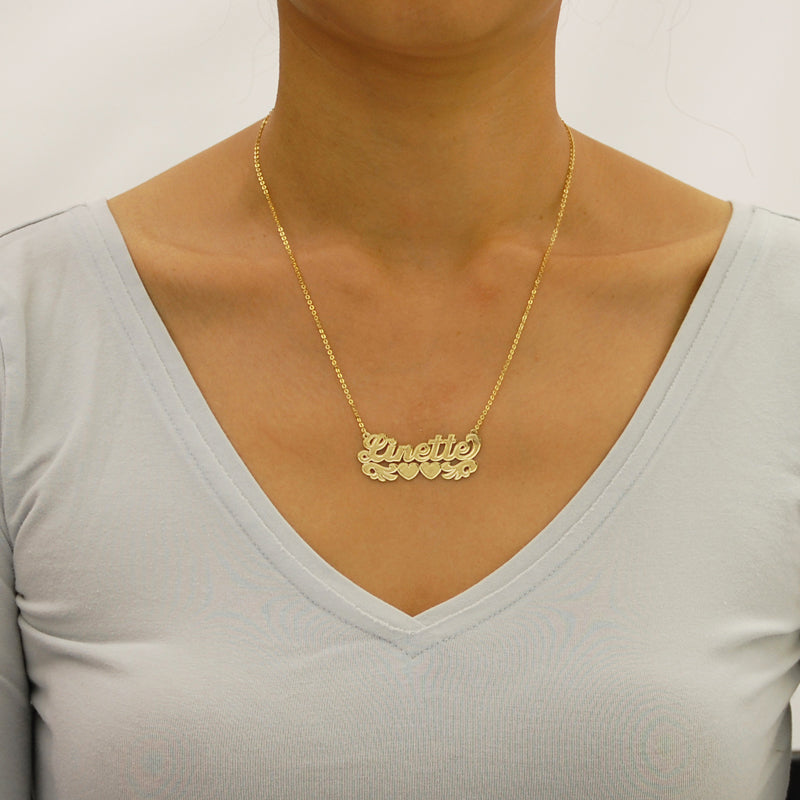 Personalized 10k or 14k Solid Gold Out Lined Check-Pattern Letters Name Pendant Customized Fine Jewelry