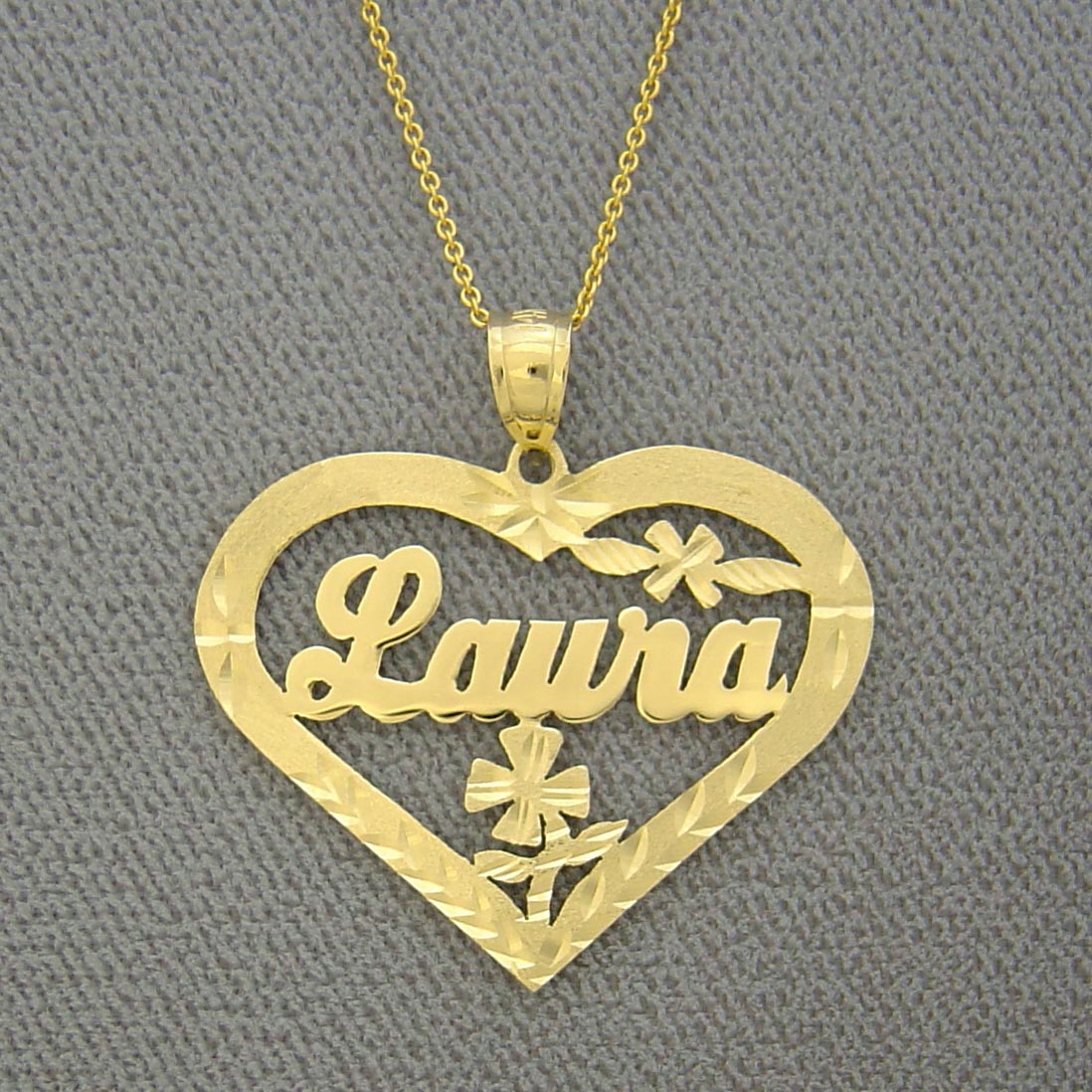 10k or 14k Solid Gold Personalized Name Heart Pendant Diamond Cut Flower Fine Jewelry Charm NP41
