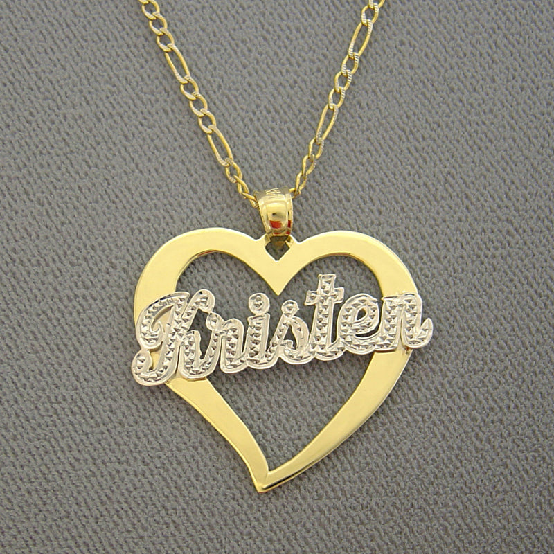 10k or 14k Solid Gold Personalized Name Heart Pendant Diamond Accent 2 Tone Fine Jewelry