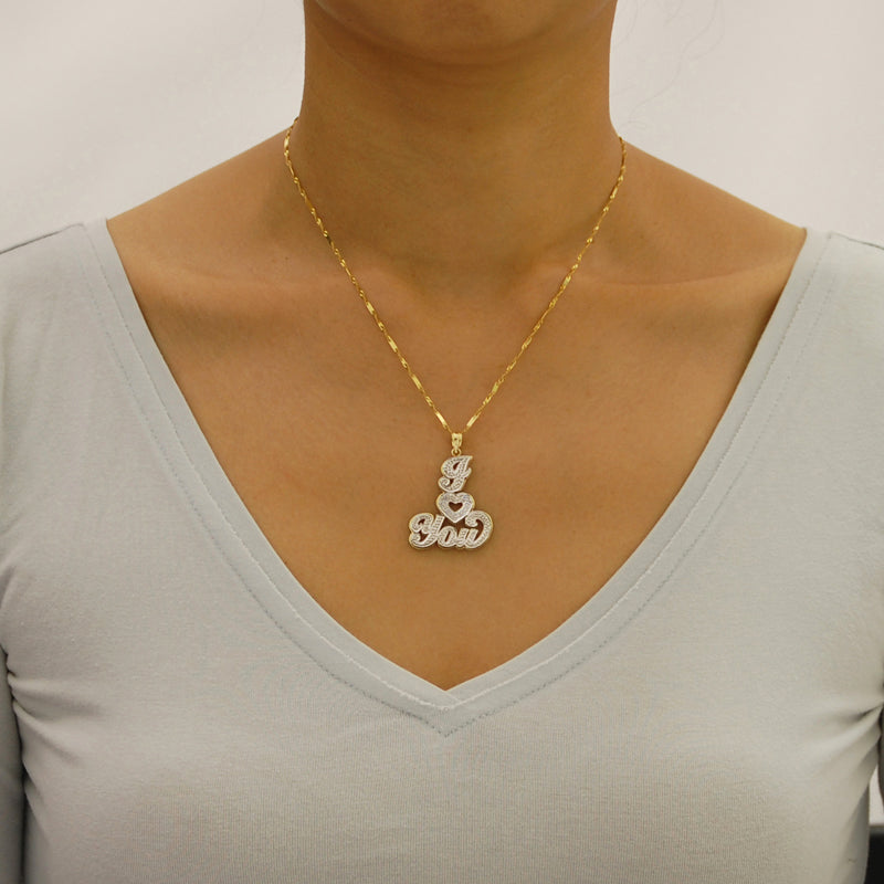 10k or 14k Solid Gold I Love You Double Plate Heart Pendant Charm Diamond Accent 2 Tone Fine Jewelry