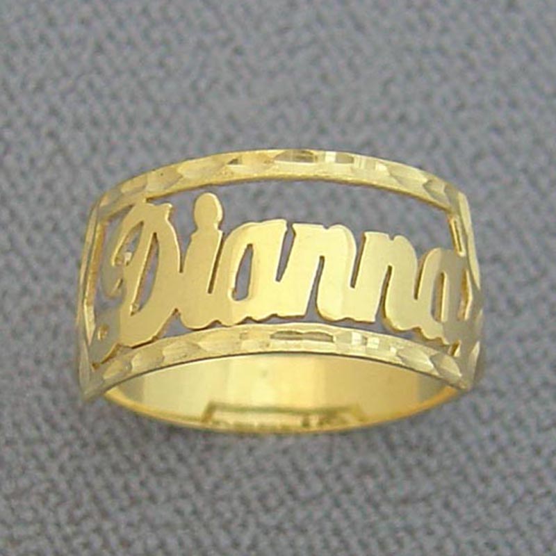 Personalized cursive name ring spelling Dianna in solid 10k yellow gold