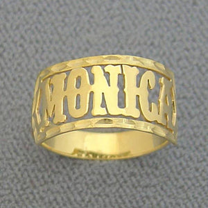 Solid 10k gold personalized name ring with MONICA in a Western style font
