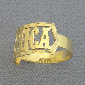 Front view of handcrafted solid gold Western font custom name ring displaying MONICA
