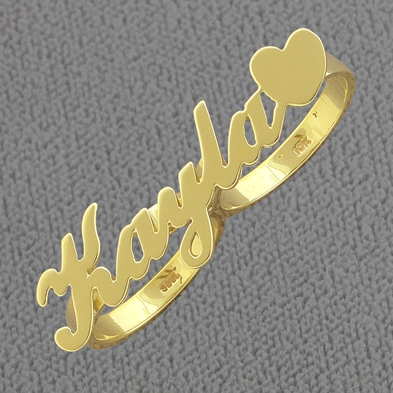 Personalized 2-finger script name ring in solid gold with diamond accent