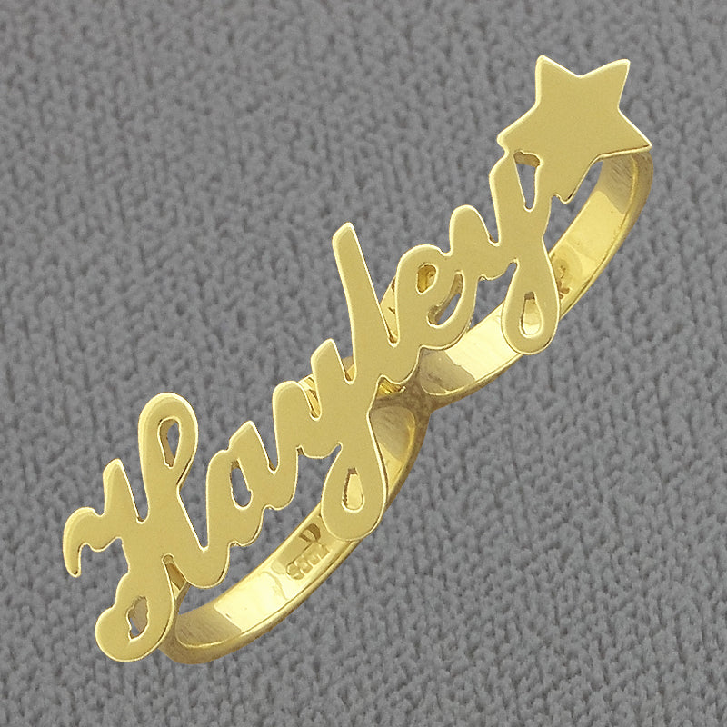Personalized 14k solid gold two finger script name ring with diamond star accent