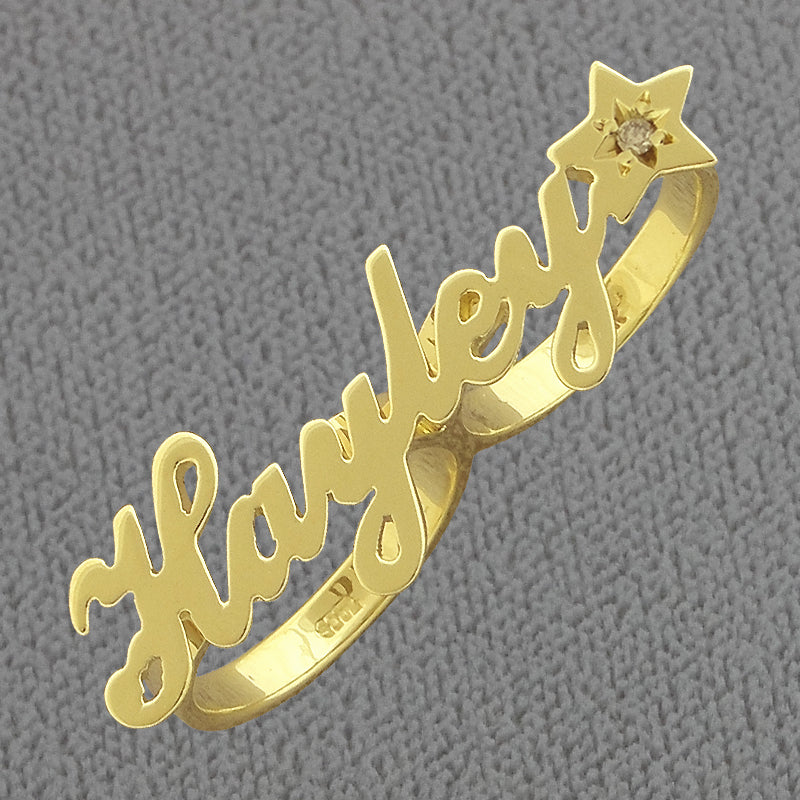 Custom 14k solid gold 2-finger script name ring inspired by Lauren Conrad style