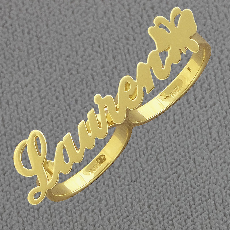 Personalized solid gold 2-finger script name ring featuring a butterfly accent set with a genuine diamond