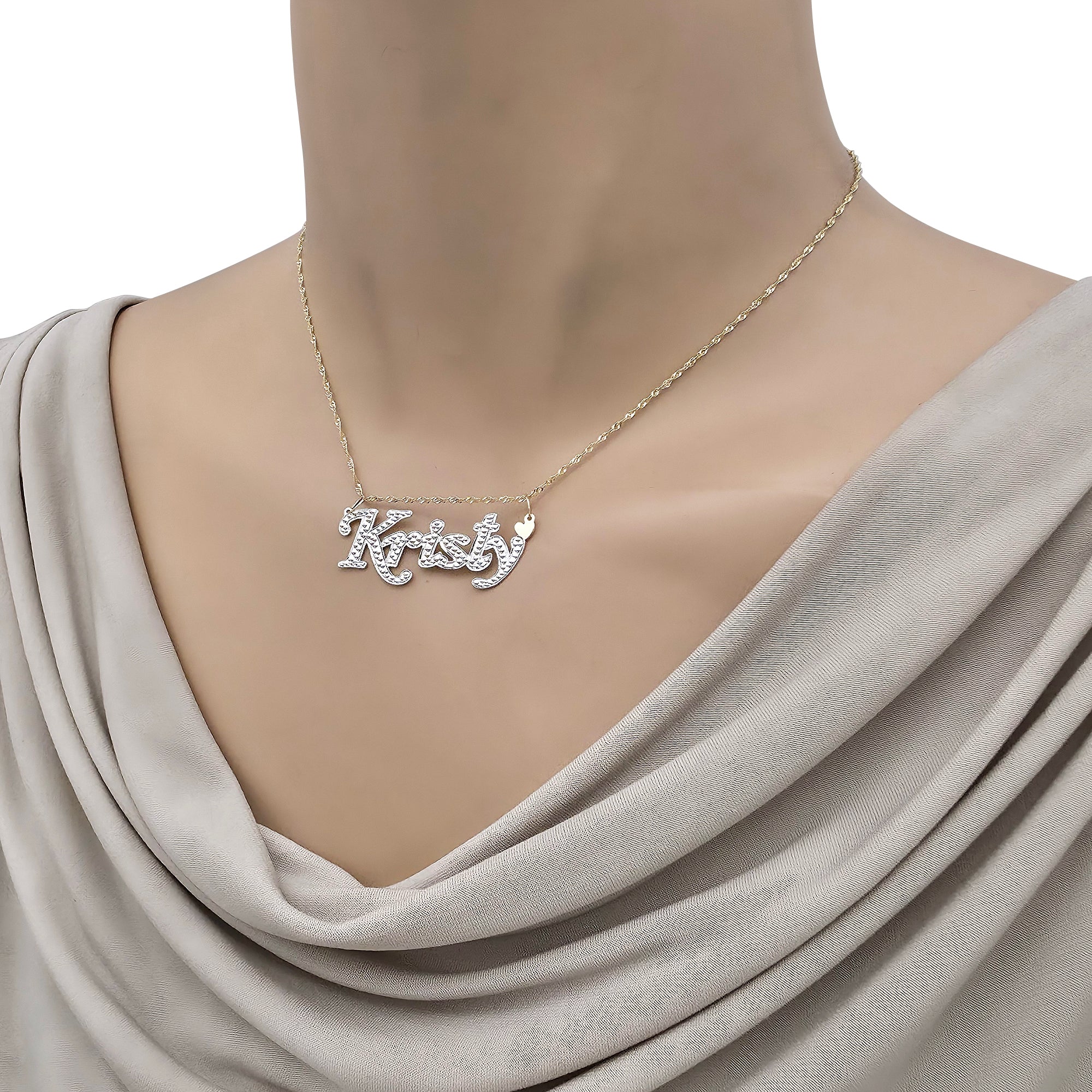 Solid Gold Two-Tone Script Name Charm Pendant Attached to Gold Chain