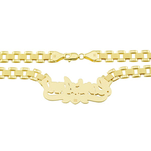 10K yellow gold iced out name necklace with 6mm watch-band link chain back side view