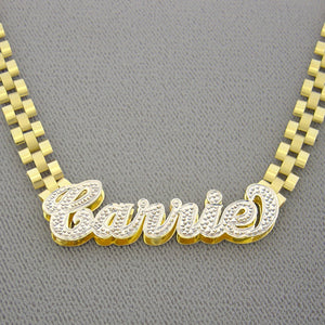 Hand-engraved 3D diamond-cut iced out Carrie nameplate pendant in 10K solid yellow gold