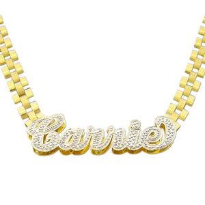 Custom 10K yellow gold iced out Carrie nameplate necklace with 6mm watch band link chain