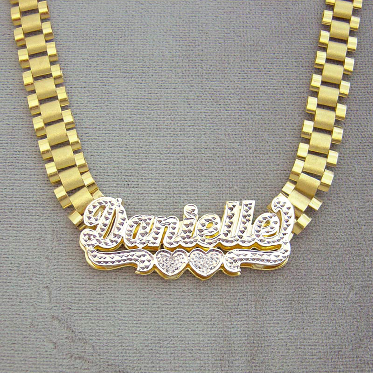 Personalized 10K Solid Gold Iced Out Name Necklace Chain 8 mm Watch-Band Style Link Chain