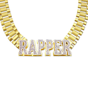 10K solid yellow gold 12mm watch-band link chain with a 3D iced-out custom nameplate spelling "RAPPER" against a white background.
