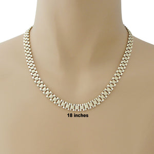 Model wearing an 8mm 10K yellow gold presidential watch band chain necklace