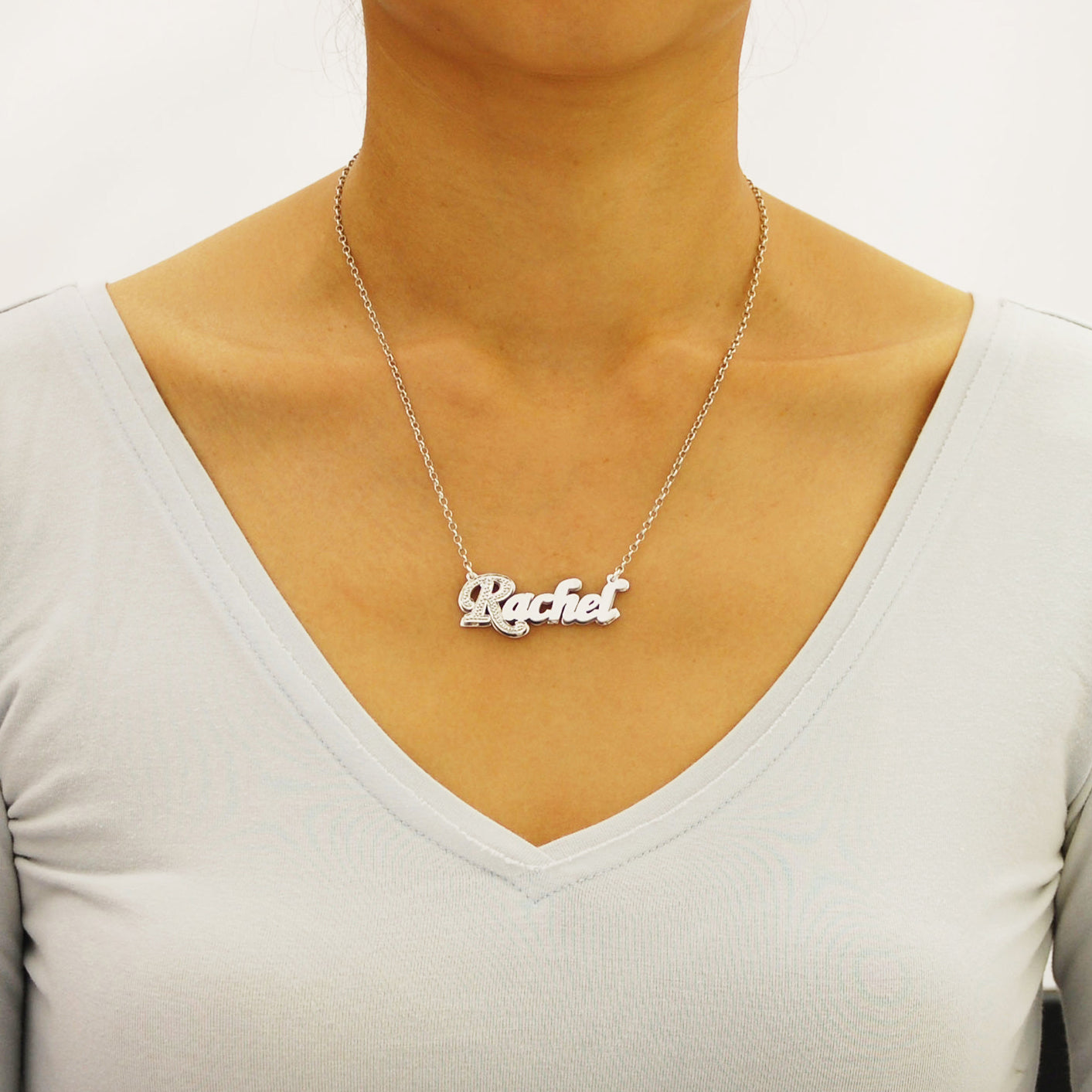 Small Size Silver Personalized Double Plate Script 3D Name Pendant Charm Necklace