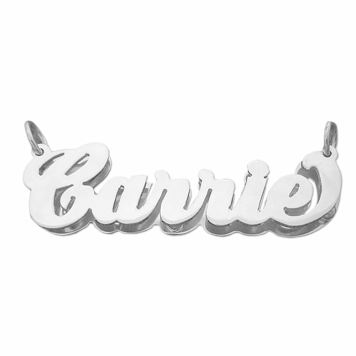 3D double-plate sterling silver cursive name necklace spelling Carrie with diamond accent