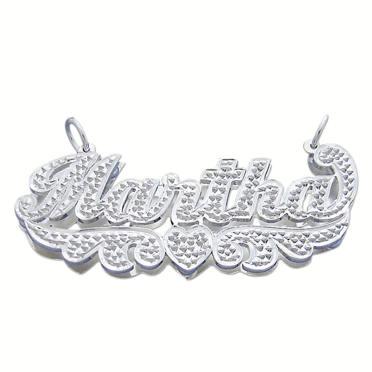 Solid sterling silver 3D double-plate custom name pendant featuring hand-carved diamond accents and cursive lettering