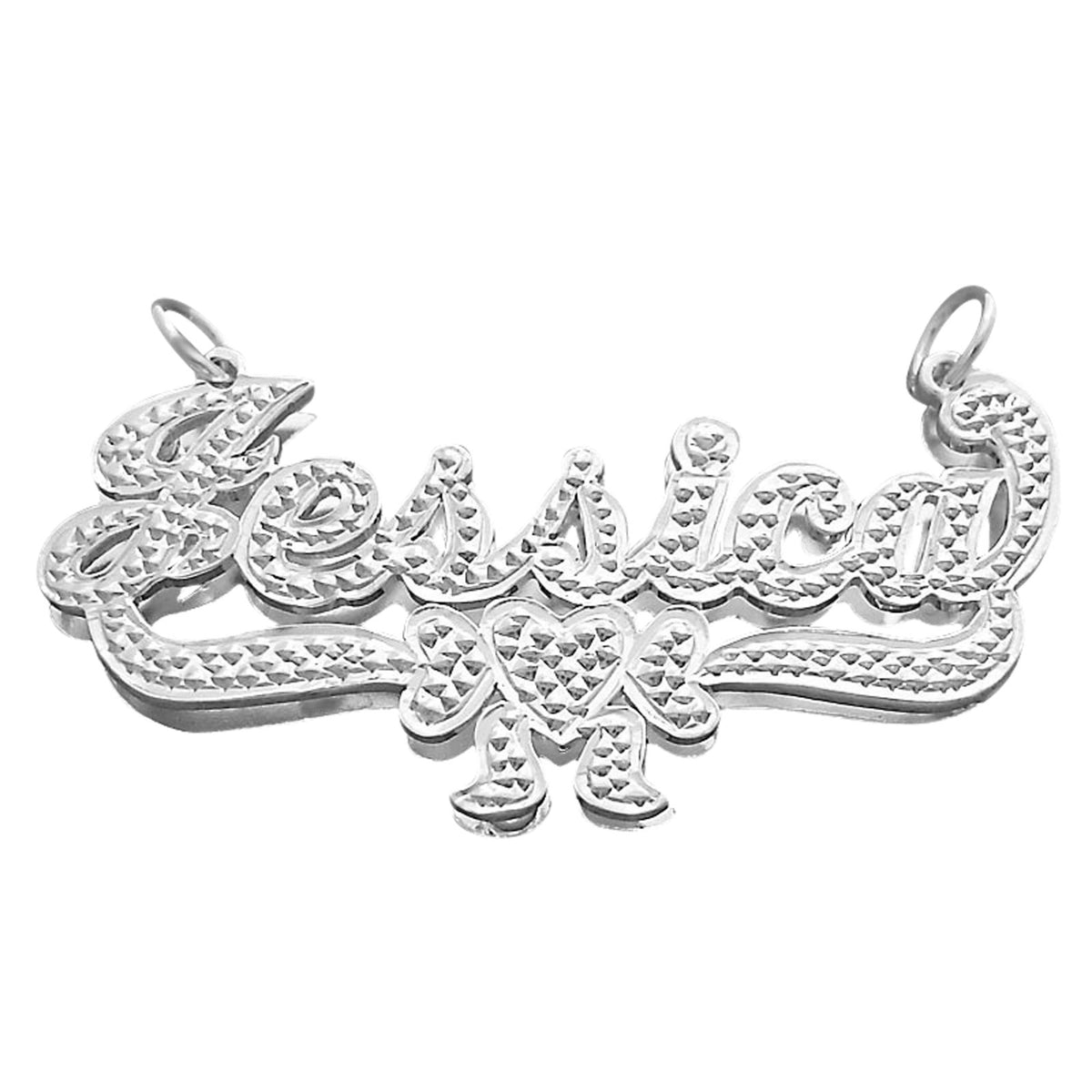 Personalized 3D sterling silver script nameplate pendant spelling "Jessica" with diamond accents and a heart ribbon charm design.