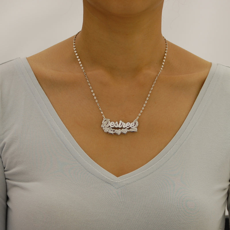 Silver Personalized Double Plate Name Pendant Necklace Hearts Cupid Arrow Diamond Accent Jewelry