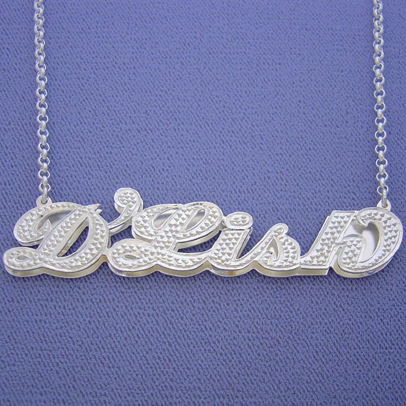 Custom sterling silver 3D double name plate pendant featuring diamond accents on the name "D'Lish" attached to a fine chain.