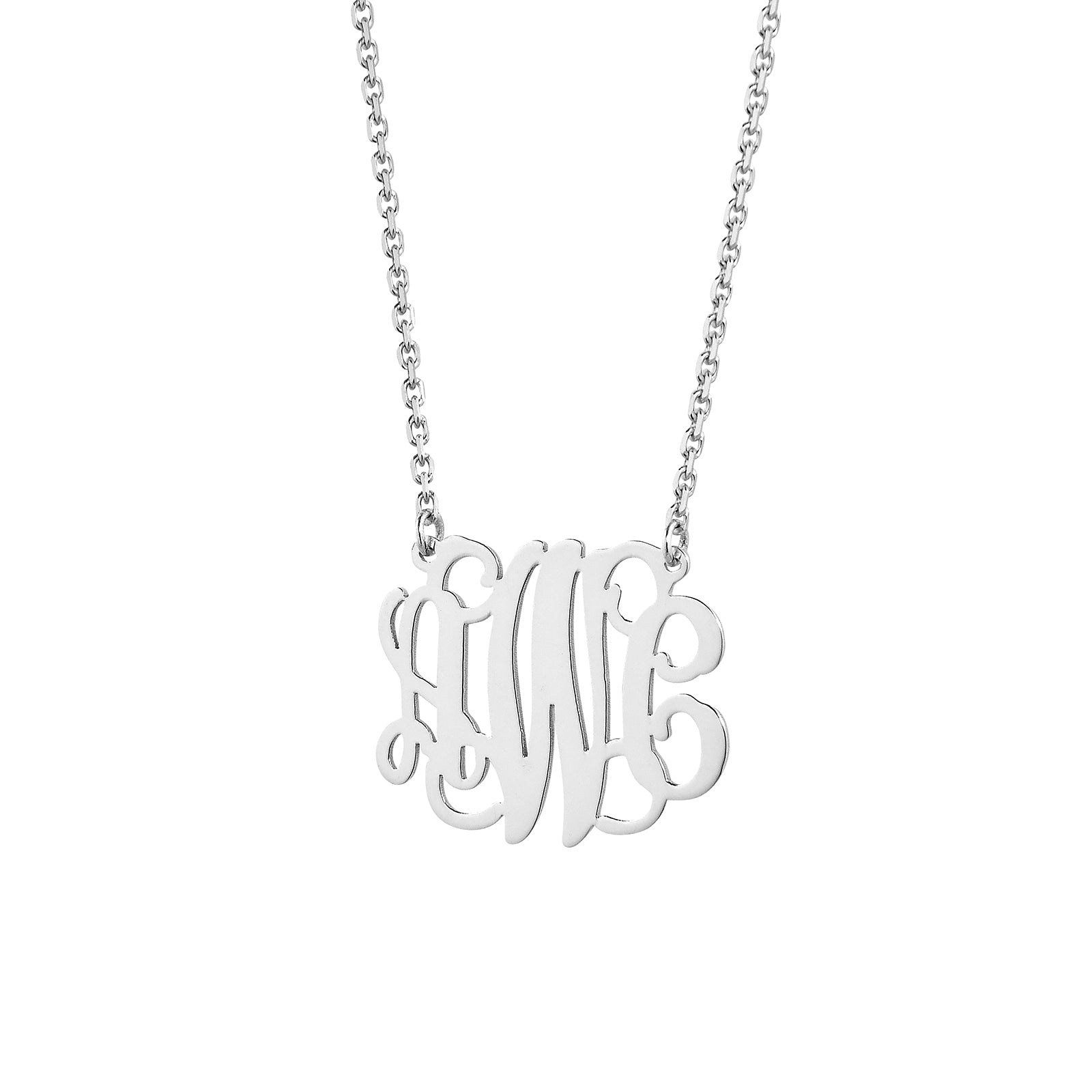 Personalized sterling silver 3-initial monogram necklace on white background
