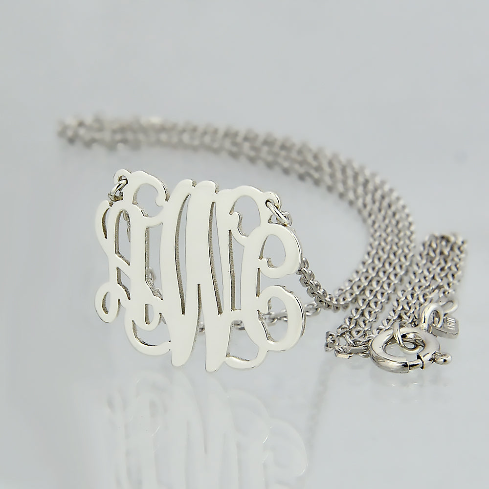 Close-up of precision laser-cut sterling silver monogram pendant detail