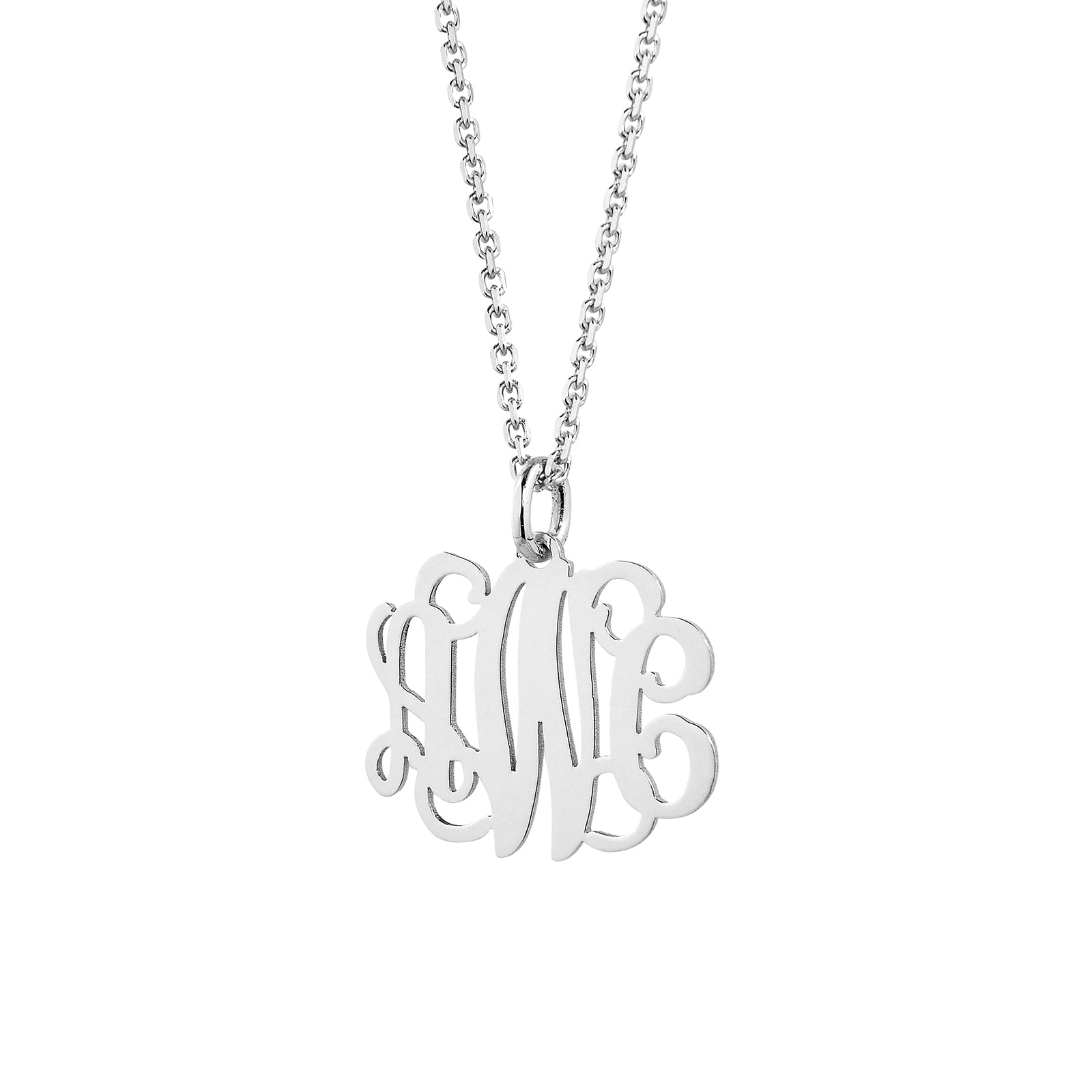 Custom sterling silver 3-letter monogram pendant on a silver chain