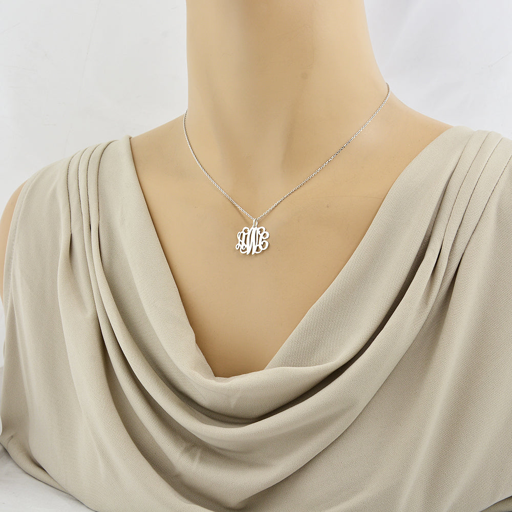 Dainty 3-initial sterling silver monogram necklace worn by model
