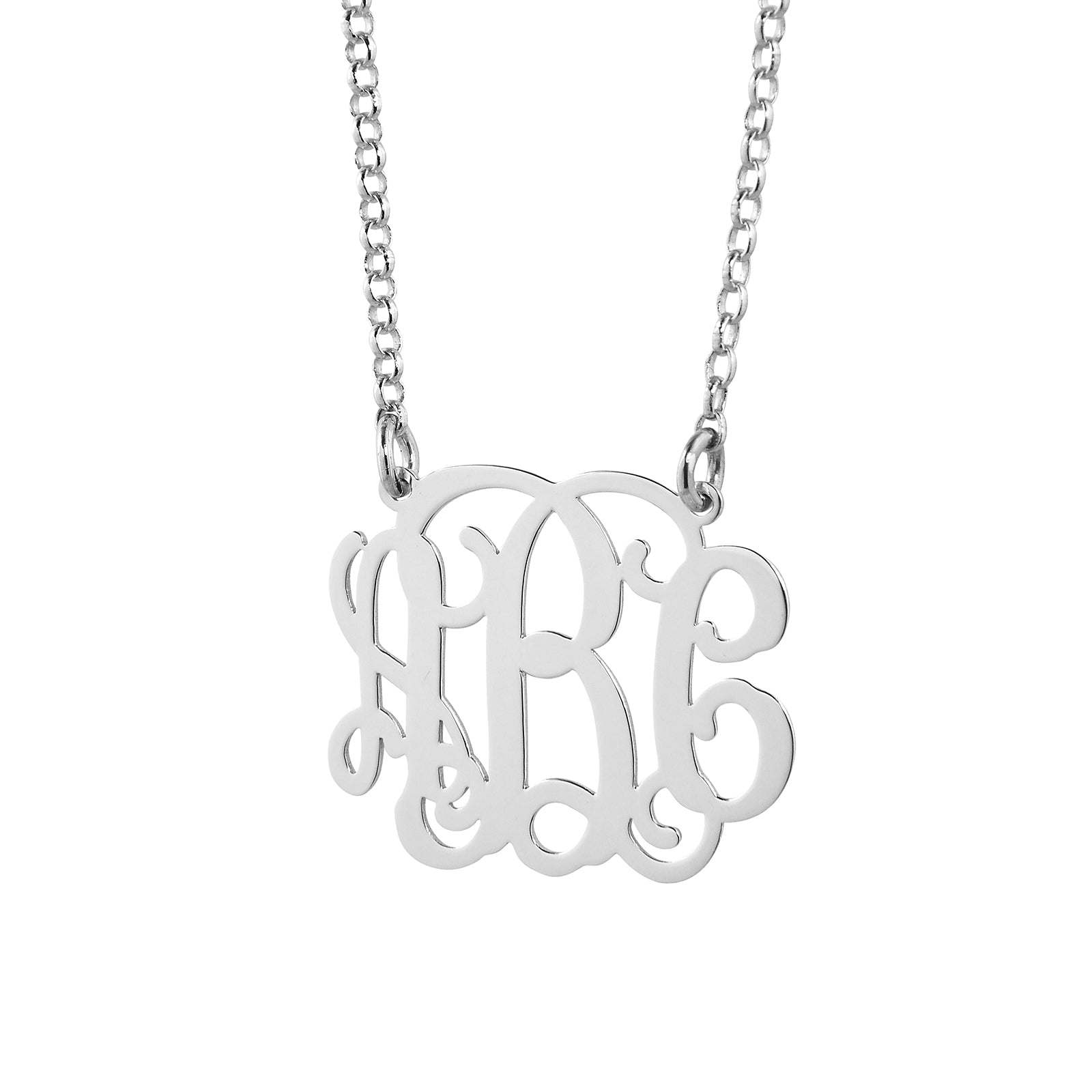 Personalized 925 sterling silver 3-initial cursive monogram necklace with Rolo chain on white background