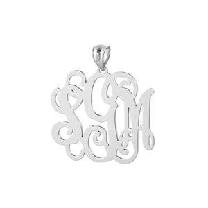 Personalized 1.25-inch sterling silver 3-initial monogram pendant featuring intricate cursive lettering.