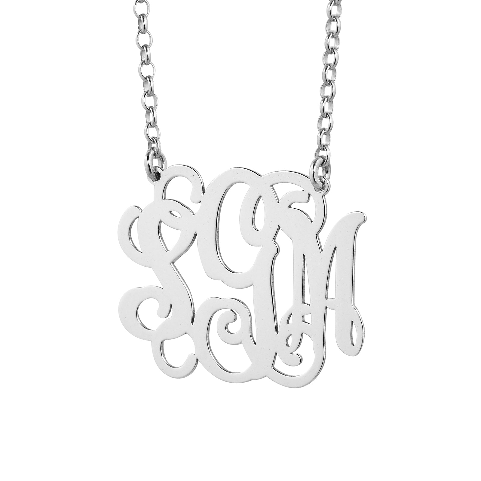 Sterling silver 1.25-inch custom 3-initial cursive script monogram pendant necklace with chain