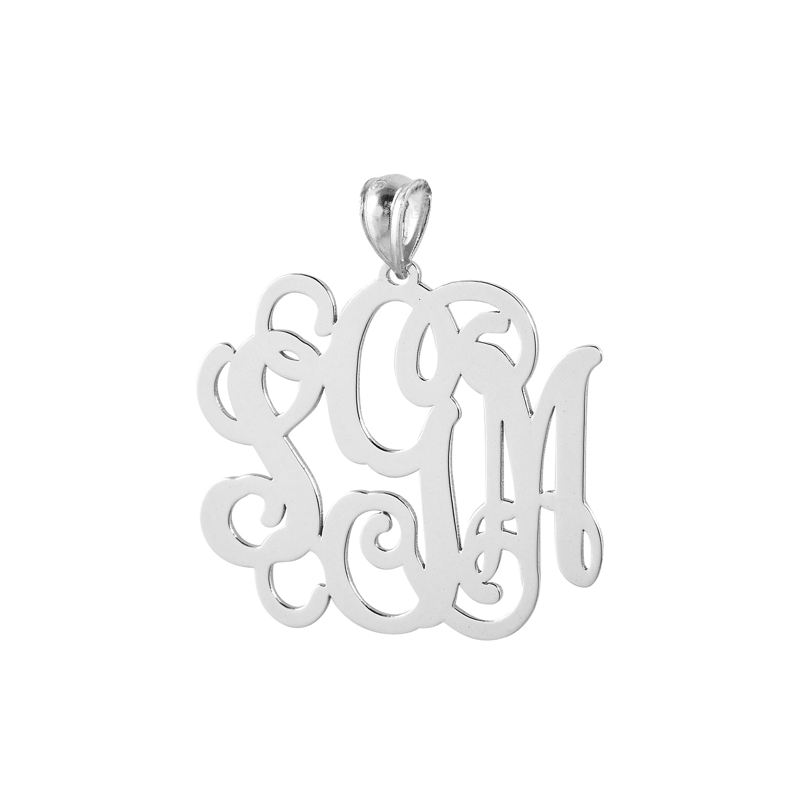 Personalized 1.25-inch sterling silver 3-initial monogram pendant featuring intricate cursive lettering.