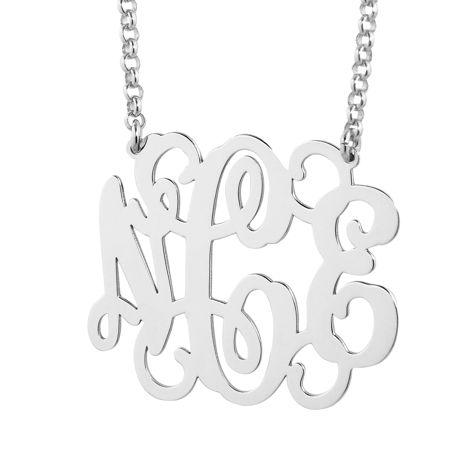 Custom 1.5-inch sterling silver 3-initial monogram pendant with sterling silver chain