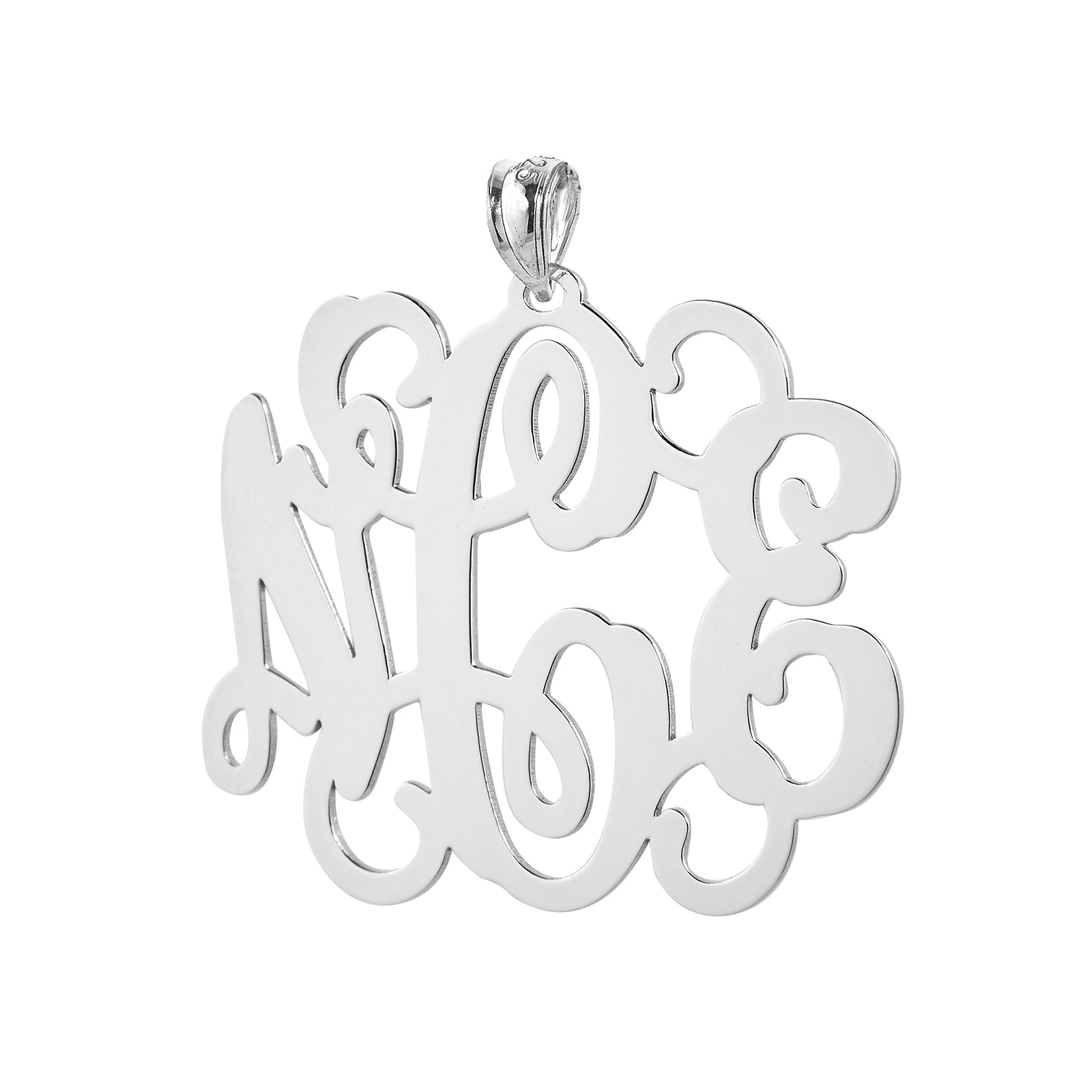 Handcrafted 1.5-inch sterling silver 3-initial monogram pendant with intricate cursive lettering