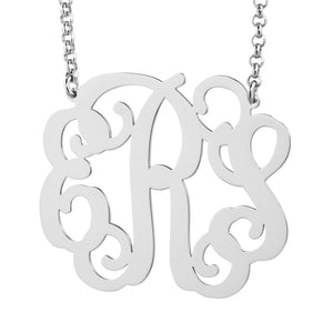 Personalized sterling silver 3-initial monogram necklace pendant with silver rolo chain