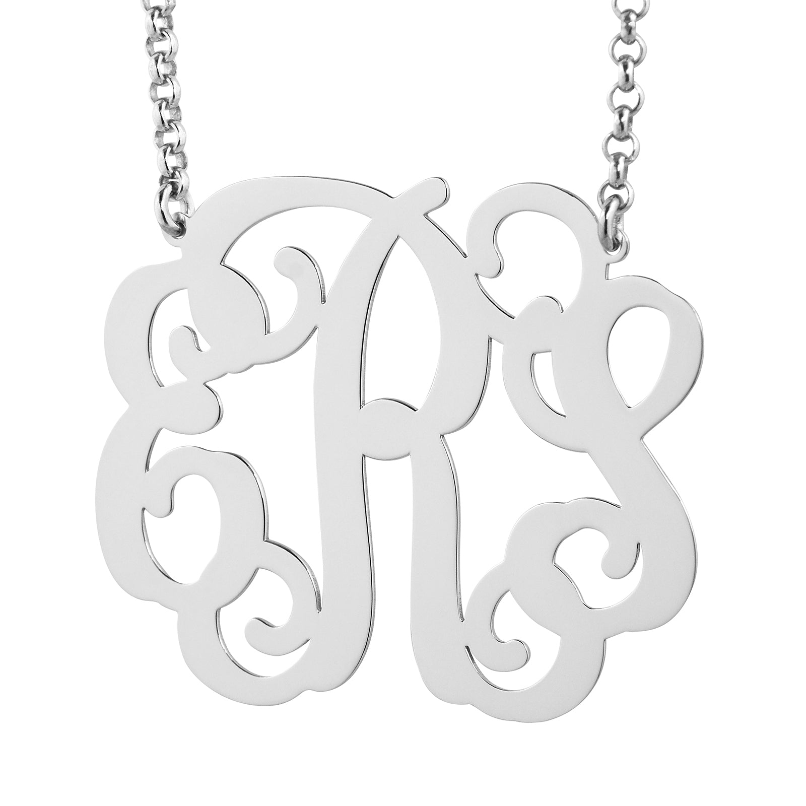 Personalized sterling silver 3-initial monogram necklace pendant with silver rolo chain