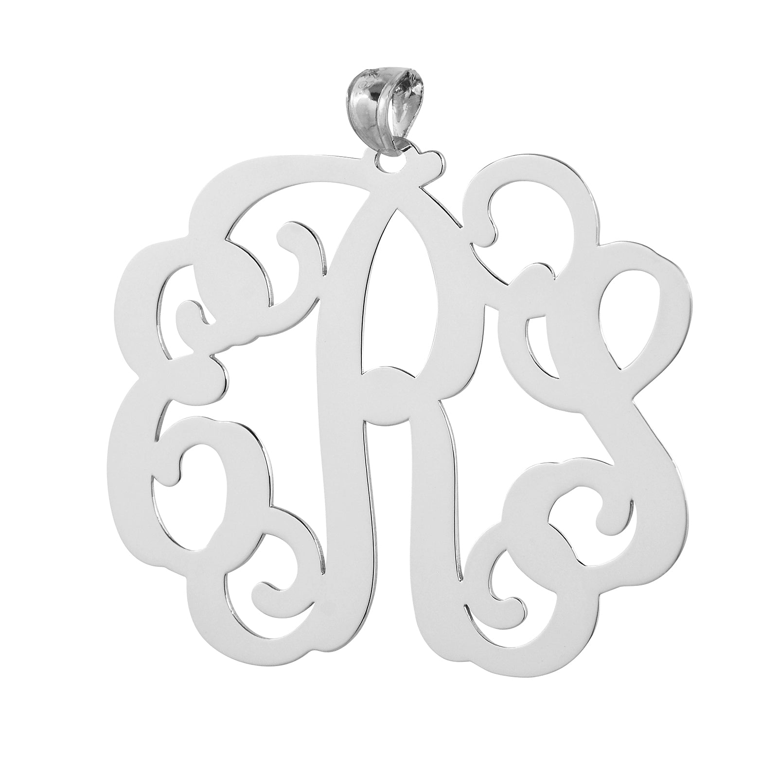 Custom 925 sterling silver 3-initial monogram pendant (1.75 inch) with intricate cursive script lettering.