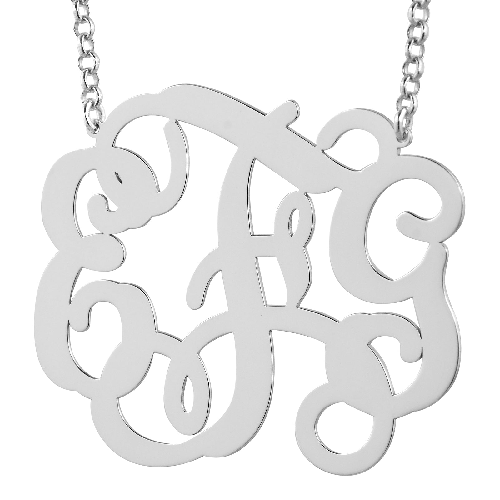 Custom sterling silver 3-initial monogram pendant necklace (2 1/8 inch) with rolo chain