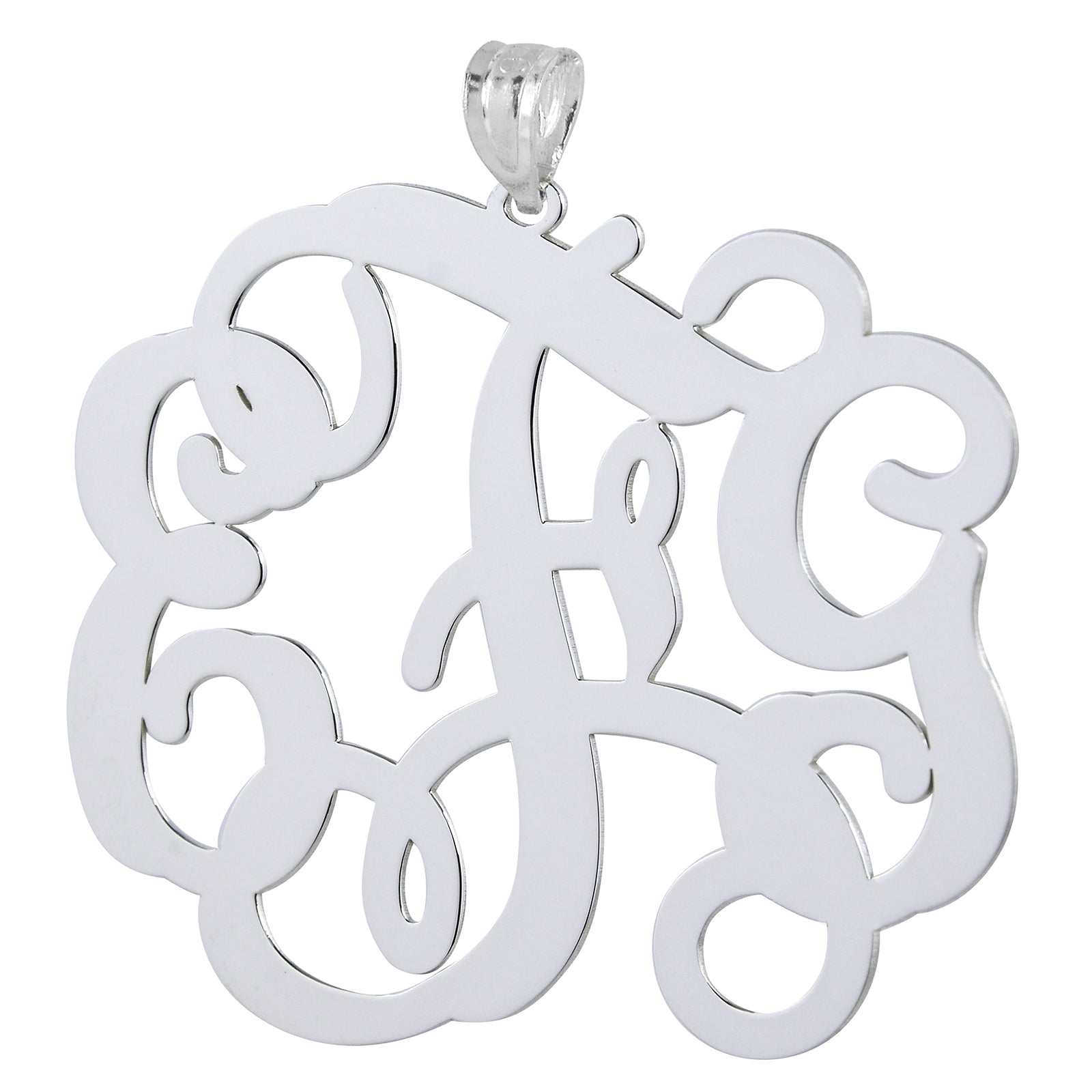Custom 2 1/8 inch sterling silver 3-initial laser-cut monogram pendant charm