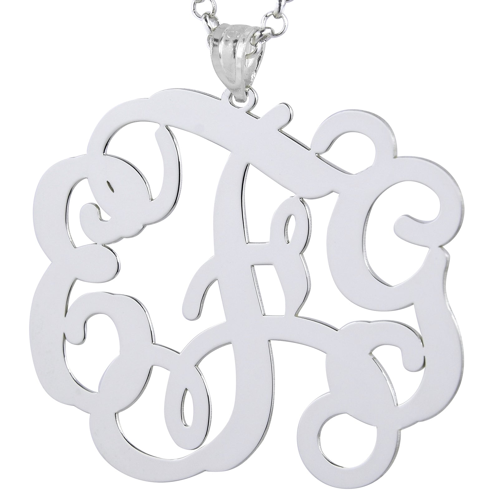 Detailed view of a custom laser-cut sterling silver 3-initial monogram pendant