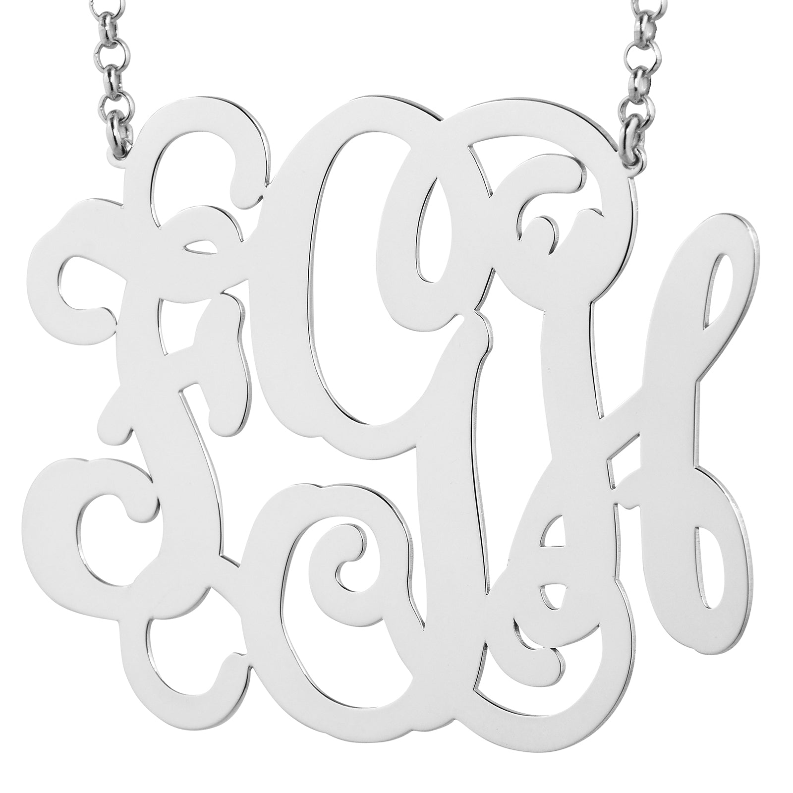 Oversized sterling silver 3-initial monogram pendant necklace with script cursive lettering