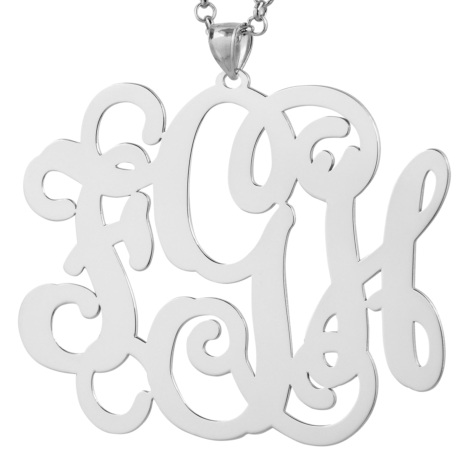 Large 2.5-inch 925 sterling silver custom 3-initial monogram pendant featuring intricate cursive lettering with a high-polish shine.