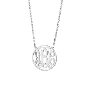 Personalized 5/8 inch sterling silver 3-initial circle monogram necklace on a 16 inch rolo chain