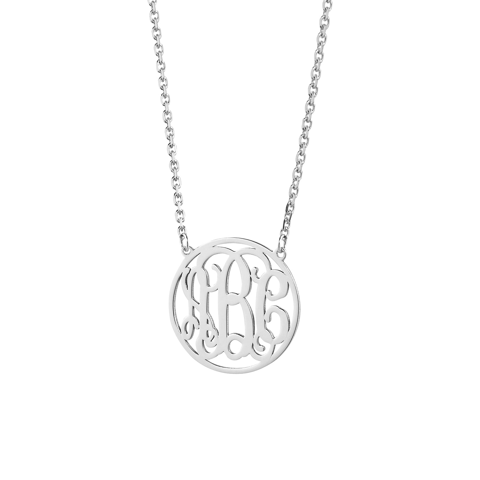 Personalized 5/8 inch sterling silver 3-initial circle monogram necklace on a 16 inch rolo chain